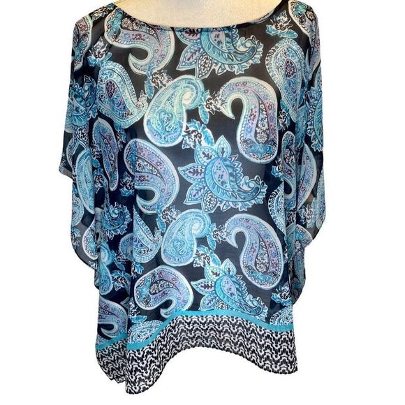 TALBOTS sheer top tunic blouse coverup Size Small Blue Paisley - Picture 1 of 10